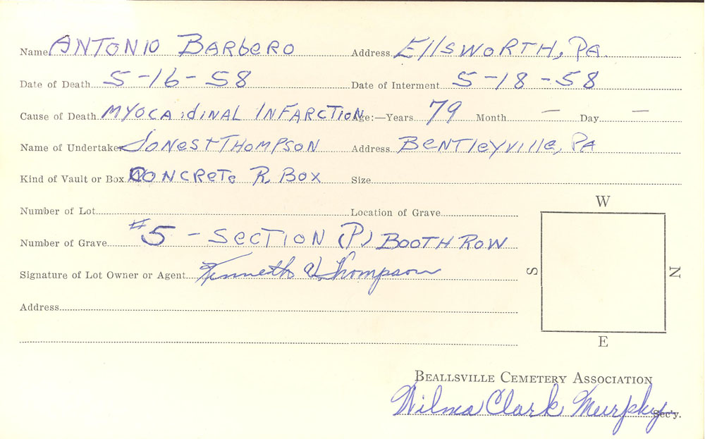 Antonio Barbero burial card